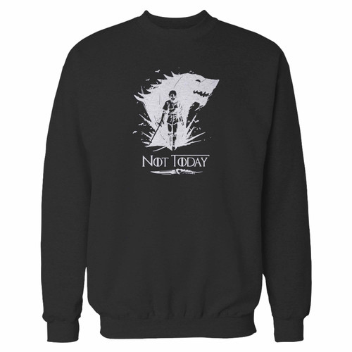 Your arya stark not today game of thrones crewneck sweatshirt just got an update. This super comfortable and lighter weight crewneck will become your favorite go-to sweatshirt. The cozy spandex cuffs and waistband make this pill-resistant sweatshirt a fan favorite.And your group will look and feel their best in this premium ringspun cotton crew.