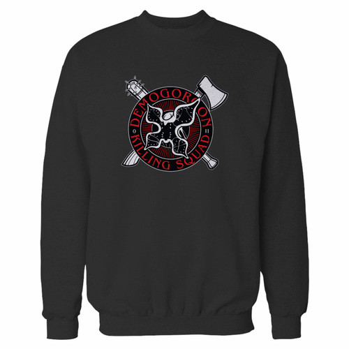 Your demogorgon killing squad logo crewneck sweatshirt just got an update. This super comfortable and lighter weight crewneck will become your favorite go-to sweatshirt. The cozy spandex cuffs and waistband make this pill-resistant sweatshirt a fan favorite.And your group will look and feel their best in this premium ringspun cotton crew.