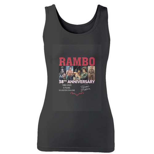 High quality print of this slim fit rambo 38th anniversary women tank top will turn heads. And bystanders won't be disappointed - the racerback cut looks good one any woman's shoulders.