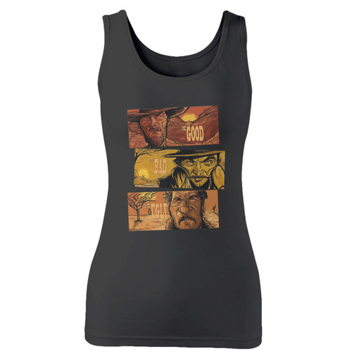 High quality print of this slim fit clint eastwood the good the bad and the ugly women tank top will turn heads. And bystanders won't be disappointed - the racerback cut looks good one any woman's shoulders.