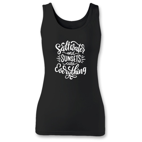 High quality print of this slim fit salt water & sunsets cure everything women tank top will turn heads. And bystanders won't be disappointed - the racerback cut looks good one any woman's shoulders.