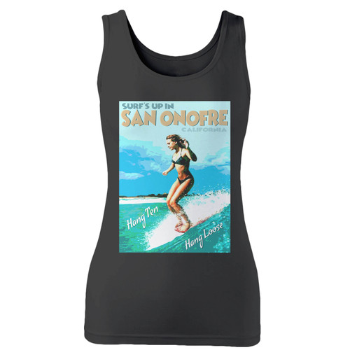 High quality print of this slim fit san onofre california surfing women tank top will turn heads. And bystanders won't be disappointed - the racerback cut looks good one any woman's shoulders.