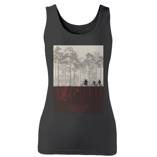 High quality print of this slim fit stranger things forest women tank top will turn heads. And bystanders won't be disappointed - the racerback cut looks good one any woman's shoulders.