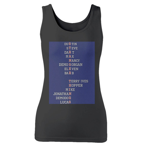 High quality print of this slim fit stranger things tv series cast name women tank top will turn heads. And bystanders won't be disappointed - the racerback cut looks good one any woman's shoulders.