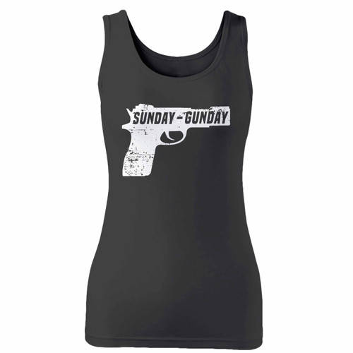 High quality print of this slim fit sunday gunday pistol firearm gun women tank top will turn heads. And bystanders won't be disappointed - the racerback cut looks good one any woman's shoulders.