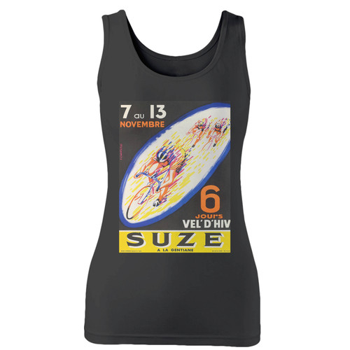 High quality print of this slim fit suze 6 day bicycle race women tank top will turn heads. And bystanders won't be disappointed - the racerback cut looks good one any woman's shoulders.