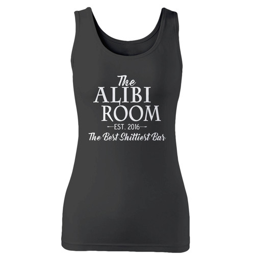 High quality print of this slim fit the alibi room best shittiest bar inspired women tank top will turn heads. And bystanders won't be disappointed - the racerback cut looks good one any woman's shoulders.
