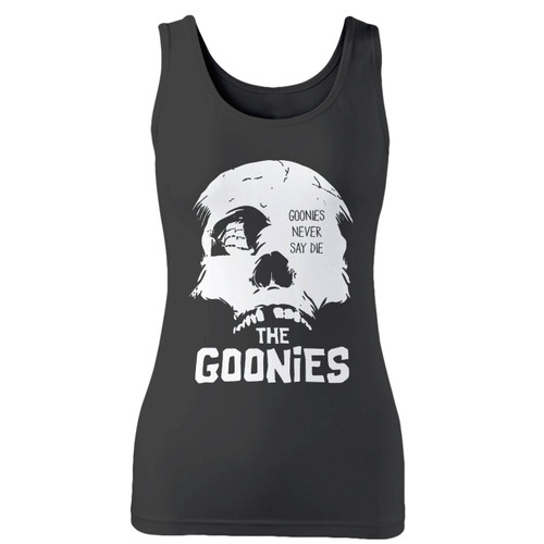 High quality print of this slim fit the goonies never say die women tank top will turn heads. And bystanders won't be disappointed - the racerback cut looks good one any woman's shoulders.