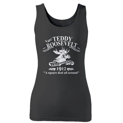 High quality print of this slim fit theodore roosevelt bull moose party women tank top will turn heads. And bystanders won't be disappointed - the racerback cut looks good one any woman's shoulders.