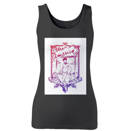 High quality print of this slim fit this is america, childish gambino women tank top will turn heads. And bystanders won't be disappointed - the racerback cut looks good one any woman's shoulders.