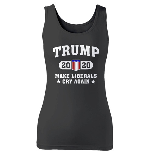 High quality print of this slim fit trump 2020 make liberals cry again women tank top will turn heads. And bystanders won't be disappointed - the racerback cut looks good one any woman's shoulders.