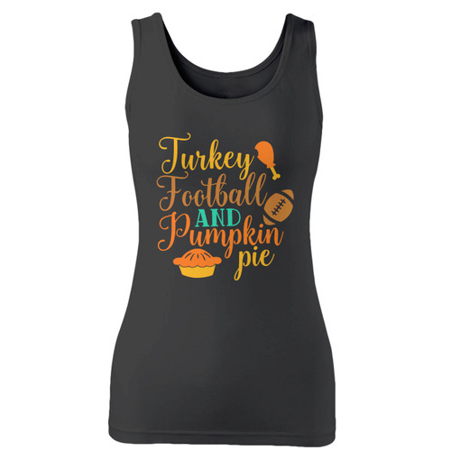 High quality print of this slim fit turkey football and pumpkin pie women tank top will turn heads. And bystanders won't be disappointed - the racerback cut looks good one any woman's shoulders.