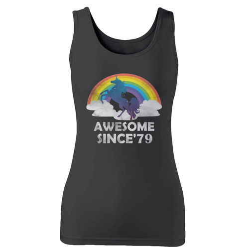 High quality print of this slim fit unicorn awesome since 1979 women tank top will turn heads. And bystanders won't be disappointed - the racerback cut looks good one any woman's shoulders.