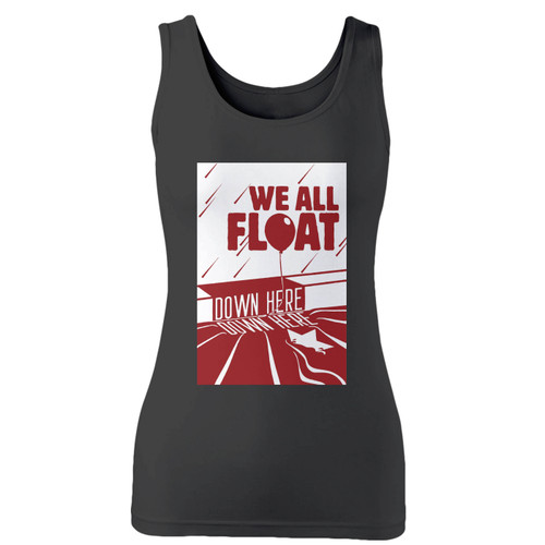 High quality print of this slim fit we all float down here retro vintage women tank top will turn heads. And bystanders won't be disappointed - the racerback cut looks good one any woman's shoulders.