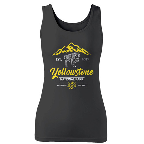 High quality print of this slim fit yellowstone national park bison preserve protect women tank top will turn heads. And bystanders won't be disappointed - the racerback cut looks good one any woman's shoulders.