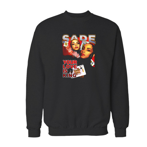 Your rare sade adu your love is king crewneck sweatshirt just got an update. This super comfortable and lighter weight crewneck will become your favorite go-to sweatshirt. The cozy spandex cuffs and waistband make this pill-resistant sweatshirt a fan favorite.And your group will look and feel their best in this premium ringspun cotton crew.