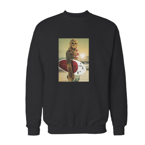 Your star wars chewbacca surfing funny crewneck sweatshirt just got an update. This super comfortable and lighter weight crewneck will become your favorite go-to sweatshirt. The cozy spandex cuffs and waistband make this pill-resistant sweatshirt a fan favorite.And your group will look and feel their best in this premium ringspun cotton crew.