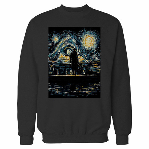 Your starry nightt van gogh sherlock crewneck sweatshirt just got an update. This super comfortable and lighter weight crewneck will become your favorite go-to sweatshirt. The cozy spandex cuffs and waistband make this pill-resistant sweatshirt a fan favorite.And your group will look and feel their best in this premium ringspun cotton crew.
