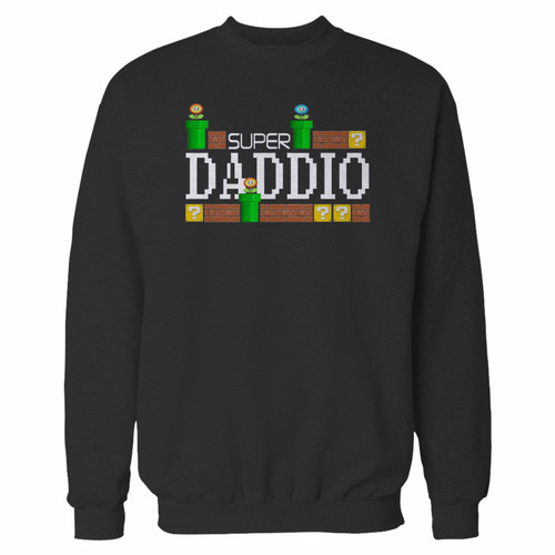Your super daddio dad super mario bros inspired crewneck sweatshirt just got an update. This super comfortable and lighter weight crewneck will become your favorite go-to sweatshirt. The cozy spandex cuffs and waistband make this pill-resistant sweatshirt a fan favorite.And your group will look and feel their best in this premium ringspun cotton crew.