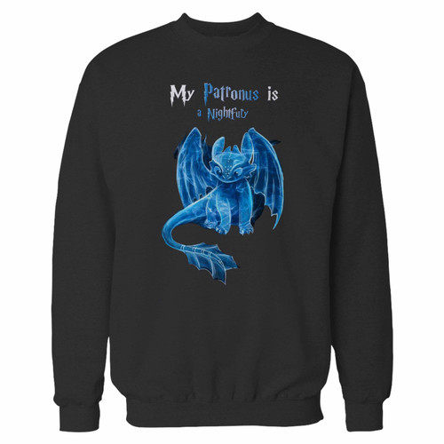 Your toothless patronus my patronus is a nightfury crewneck sweatshirt just got an update. This super comfortable and lighter weight crewneck will become your favorite go-to sweatshirt. The cozy spandex cuffs and waistband make this pill-resistant sweatshirt a fan favorite.And your group will look and feel their best in this premium ringspun cotton crew.