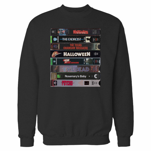 Your vhs horror crewneck sweatshirt just got an update. This super comfortable and lighter weight crewneck will become your favorite go-to sweatshirt. The cozy spandex cuffs and waistband make this pill-resistant sweatshirt a fan favorite.And your group will look and feel their best in this premium ringspun cotton crew.