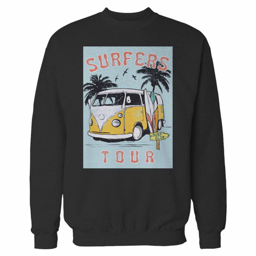 Your vw van surfers surfing tour crewneck sweatshirt just got an update. This super comfortable and lighter weight crewneck will become your favorite go-to sweatshirt. The cozy spandex cuffs and waistband make this pill-resistant sweatshirt a fan favorite.And your group will look and feel their best in this premium ringspun cotton crew.