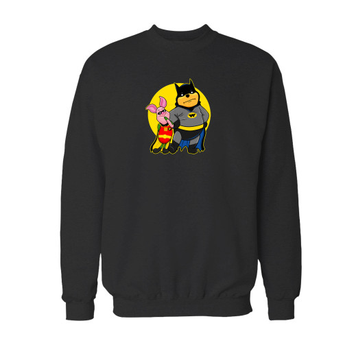Your winnie batman and piglet robin crewneck sweatshirt just got an update. This super comfortable and lighter weight crewneck will become your favorite go-to sweatshirt. The cozy spandex cuffs and waistband make this pill-resistant sweatshirt a fan favorite.And your group will look and feel their best in this premium ringspun cotton crew.