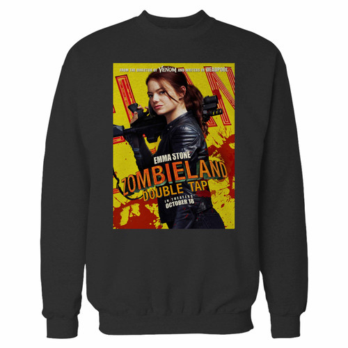 Your zombieland double tap emma stone crewneck sweatshirt just got an update. This super comfortable and lighter weight crewneck will become your favorite go-to sweatshirt. The cozy spandex cuffs and waistband make this pill-resistant sweatshirt a fan favorite.And your group will look and feel their best in this premium ringspun cotton crew.