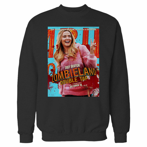 Your zombieland double tap zoey deutch crewneck sweatshirt just got an update. This super comfortable and lighter weight crewneck will become your favorite go-to sweatshirt. The cozy spandex cuffs and waistband make this pill-resistant sweatshirt a fan favorite.And your group will look and feel their best in this premium ringspun cotton crew.