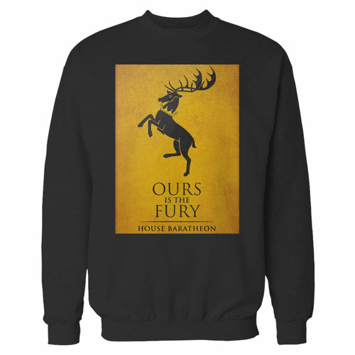 Your game of thrones ours is the fury crewneck sweatshirt just got an update. This super comfortable and lighter weight crewneck will become your favorite go-to sweatshirt. The cozy spandex cuffs and waistband make this pill-resistant sweatshirt a fan favorite.And your group will look and feel their best in this premium ringspun cotton crew.