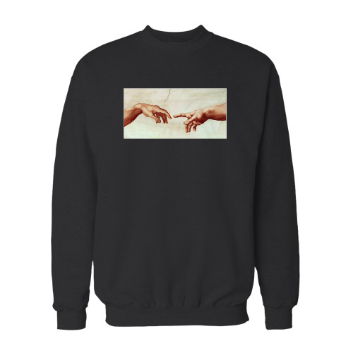 Your michelangelo creation of adam hand of god crewneck sweatshirt just got an update. This super comfortable and lighter weight crewneck will become your favorite go-to sweatshirt. The cozy spandex cuffs and waistband make this pill-resistant sweatshirt a fan favorite.And your group will look and feel their best in this premium ringspun cotton crew.