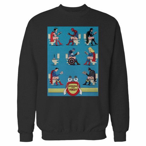 Your superheroes on the toilet crewneck sweatshirt just got an update. This super comfortable and lighter weight crewneck will become your favorite go-to sweatshirt. The cozy spandex cuffs and waistband make this pill-resistant sweatshirt a fan favorite.And your group will look and feel their best in this premium ringspun cotton crew.