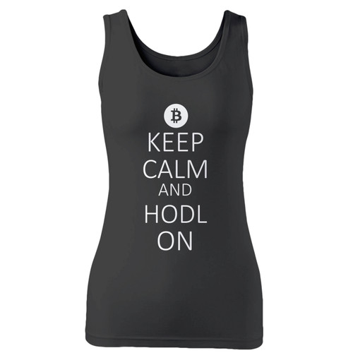 High quality print of this slim fit bitcoin btc keep calm and hodl on women tank top will turn heads. And bystanders won't be disappointed - the racerback cut looks good one any woman's shoulders.