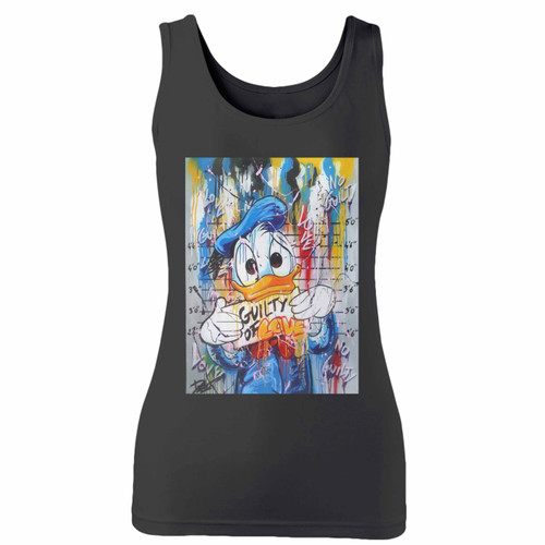 High quality print of this slim fit donald duck gulty of love women tank top will turn heads. And bystanders won't be disappointed - the racerback cut looks good one any woman's shoulders.