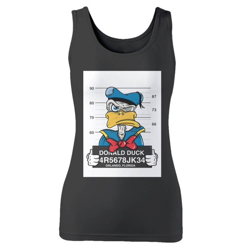 High quality print of this slim fit donald duck mugshot women tank top will turn heads. And bystanders won't be disappointed - the racerback cut looks good one any woman's shoulders.