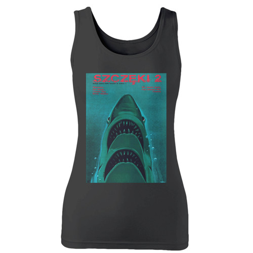High quality print of this slim fit jaws 2 women tank top will turn heads. And bystanders won't be disappointed - the racerback cut looks good one any woman's shoulders.