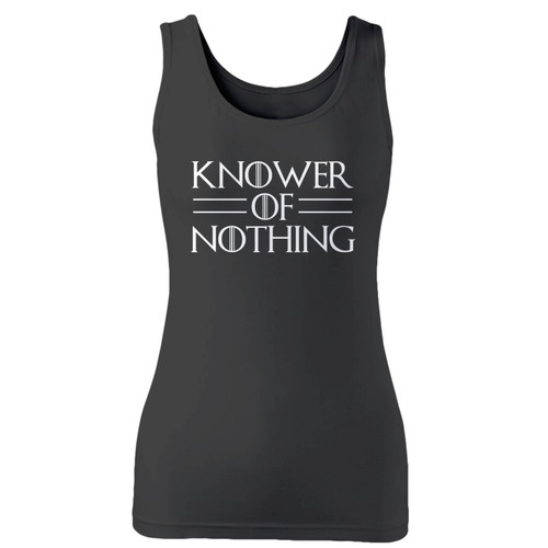 High quality print of this slim fit knower of nothing game of thrones women tank top will turn heads. And bystanders won't be disappointed - the racerback cut looks good one any woman's shoulders.