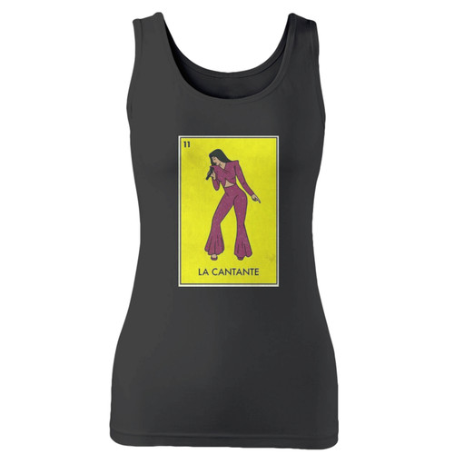 High quality print of this slim fit la cantante mexican loteria bingo card women tank top will turn heads. And bystanders won't be disappointed - the racerback cut looks good one any woman's shoulders.