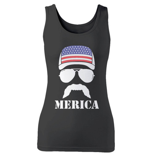 High quality print of this slim fit merica flag cap mustache women tank top will turn heads. And bystanders won't be disappointed - the racerback cut looks good one any woman's shoulders.