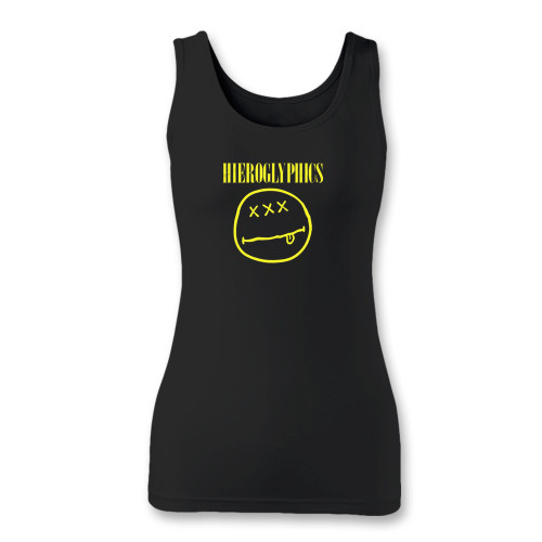 High quality print of this slim fit nirvana hieroglyphics parody women tank top will turn heads. And bystanders won't be disappointed - the racerback cut looks good one any woman's shoulders.