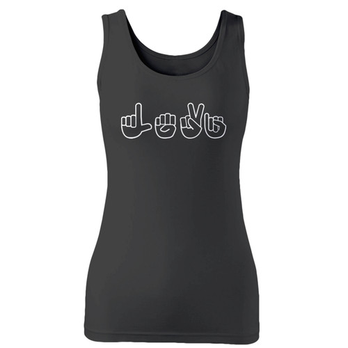 High quality print of this slim fit personalized sign language asl women tank top will turn heads. And bystanders won't be disappointed - the racerback cut looks good one any woman's shoulders.
