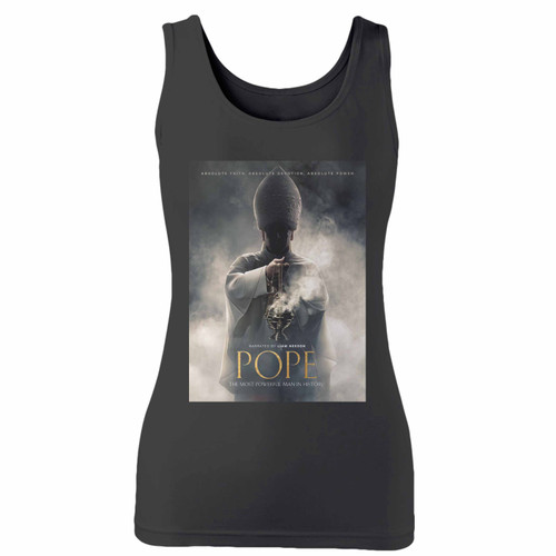 High quality print of this slim fit pope the most powerful man in history women tank top will turn heads. And bystanders won't be disappointed - the racerback cut looks good one any woman's shoulders.
