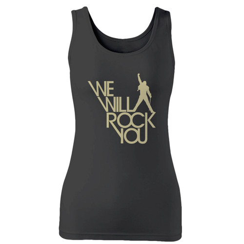 High quality print of this slim fit queen we will rock you women tank top will turn heads. And bystanders won't be disappointed - the racerback cut looks good one any woman's shoulders.