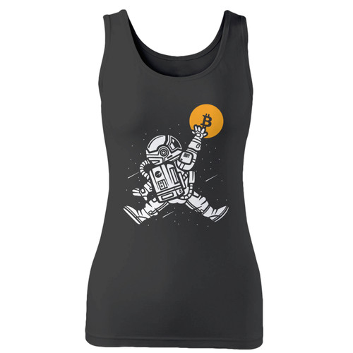 High quality print of this slim fit slam dunk bitcoin spaceman basketball women tank top will turn heads. And bystanders won't be disappointed - the racerback cut looks good one any woman's shoulders.