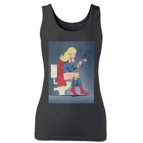 High quality print of this slim fit supergirl toilet superhero funny women tank top will turn heads. And bystanders won't be disappointed - the racerback cut looks good one any woman's shoulders.