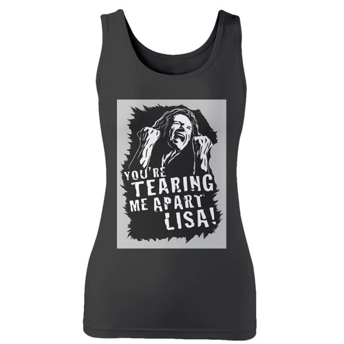 High quality print of this slim fit tommy wiseau breaking up women tank top will turn heads. And bystanders won't be disappointed - the racerback cut looks good one any woman's shoulders.