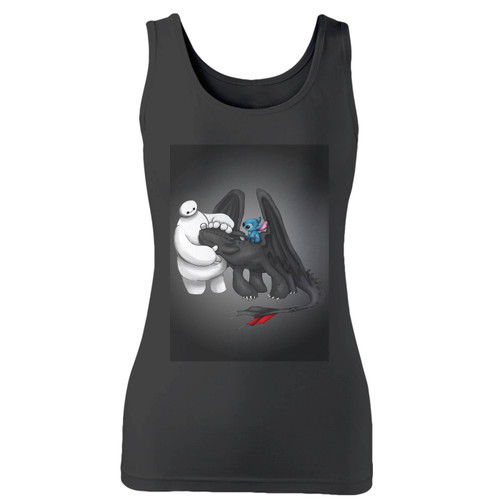 High quality print of this slim fit toothless stitch and baymax women tank top will turn heads. And bystanders won't be disappointed - the racerback cut looks good one any woman's shoulders.