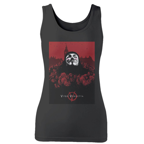 High quality print of this slim fit v for vendetta mask women tank top will turn heads. And bystanders won't be disappointed - the racerback cut looks good one any woman's shoulders.