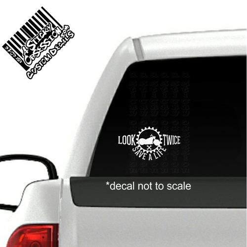 Look Twice Save a Life Motorcycle Cruiser decal on truck