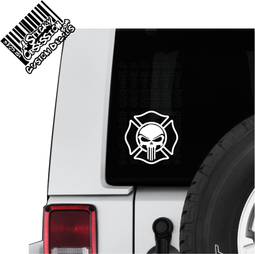 Firefighter Maltese Cross with Skull decal on jeep